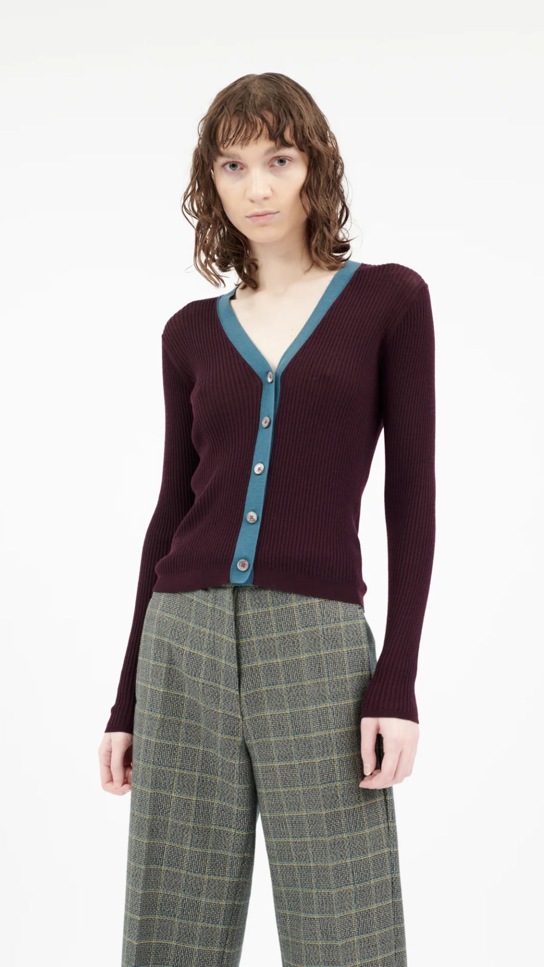 Odeeh Burgundy Cardigan With Blue
