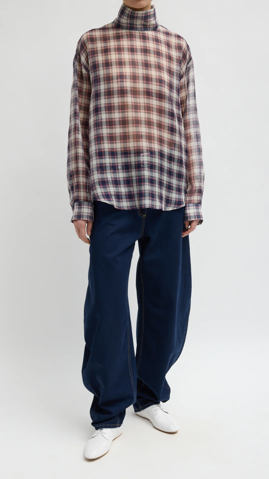 Tibi Silk Cotton Plaid Funnel Neck Top in Black/Red Multi