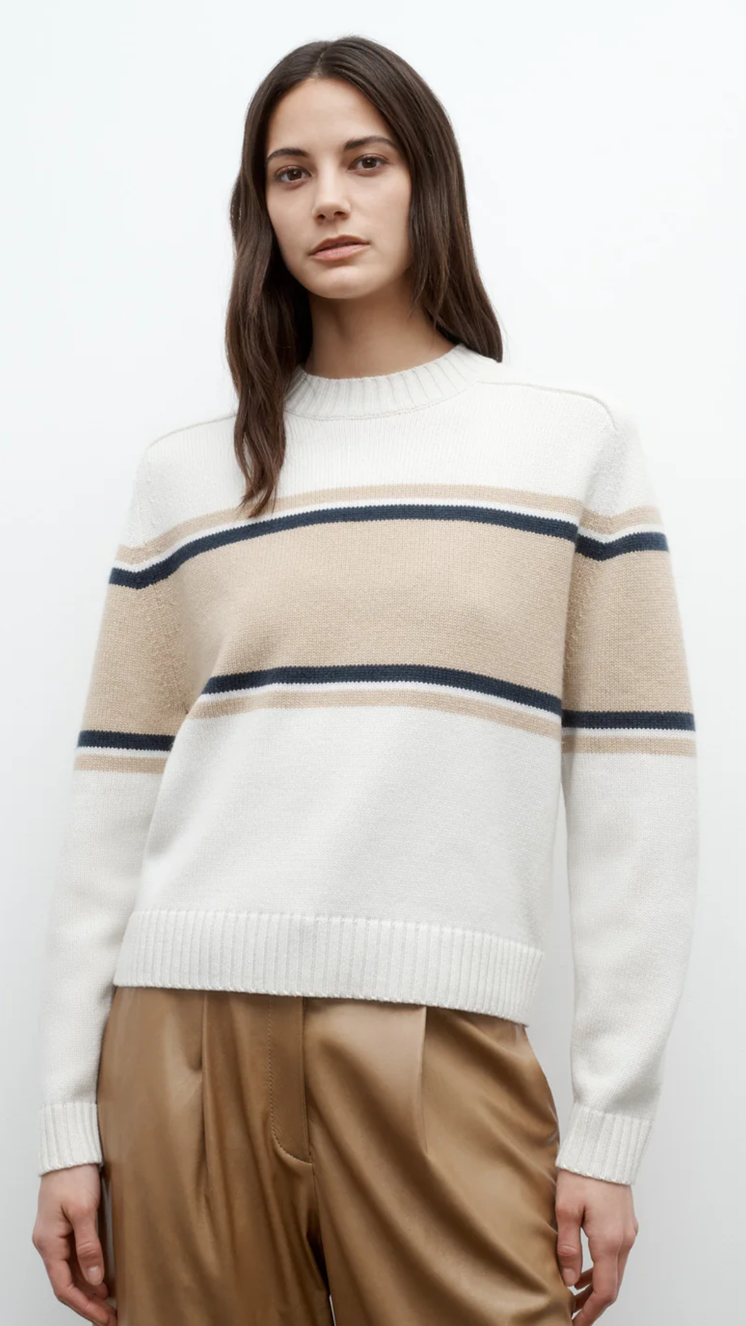 TWP Saddle Crew Neck with Stripes in Cream/Twine