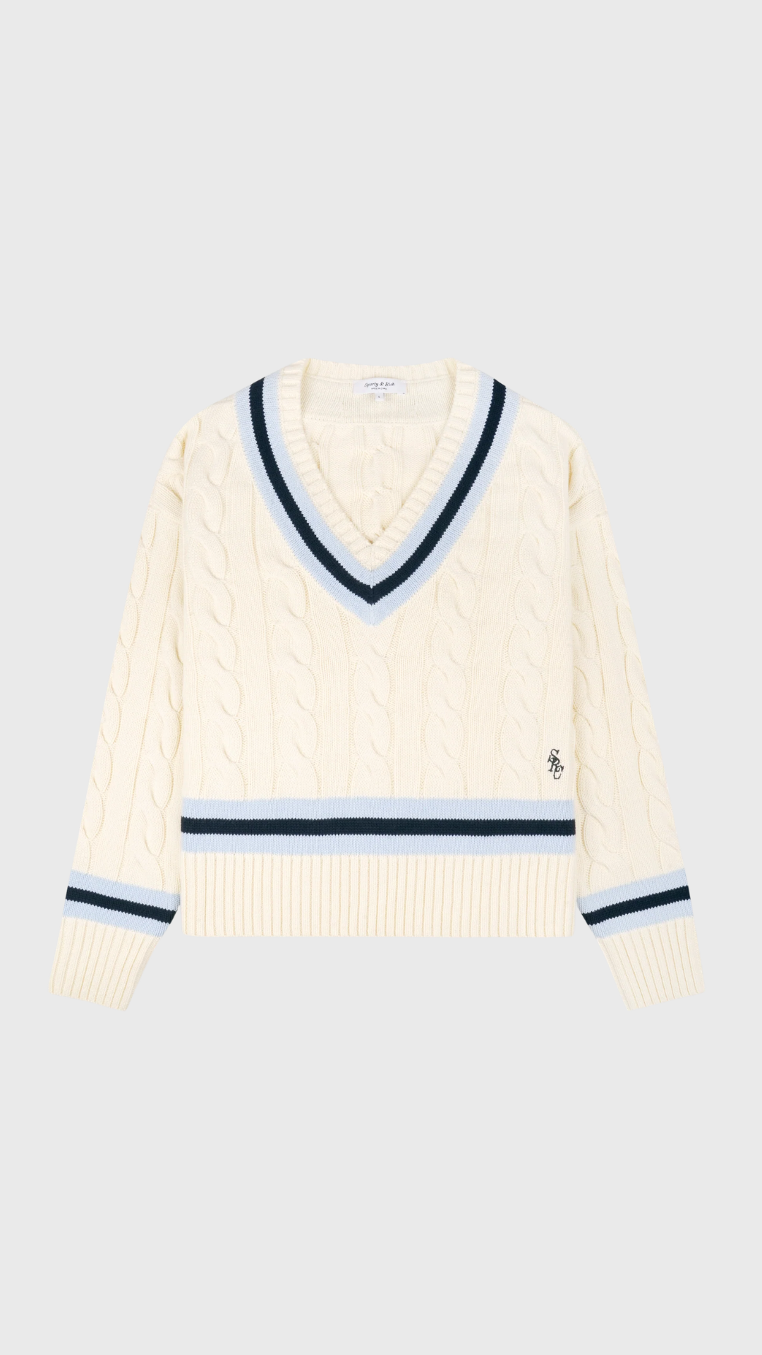 Sporty & Rich SRC Cableknit V-Neck Sweater in Ecru/Navy/Ciel