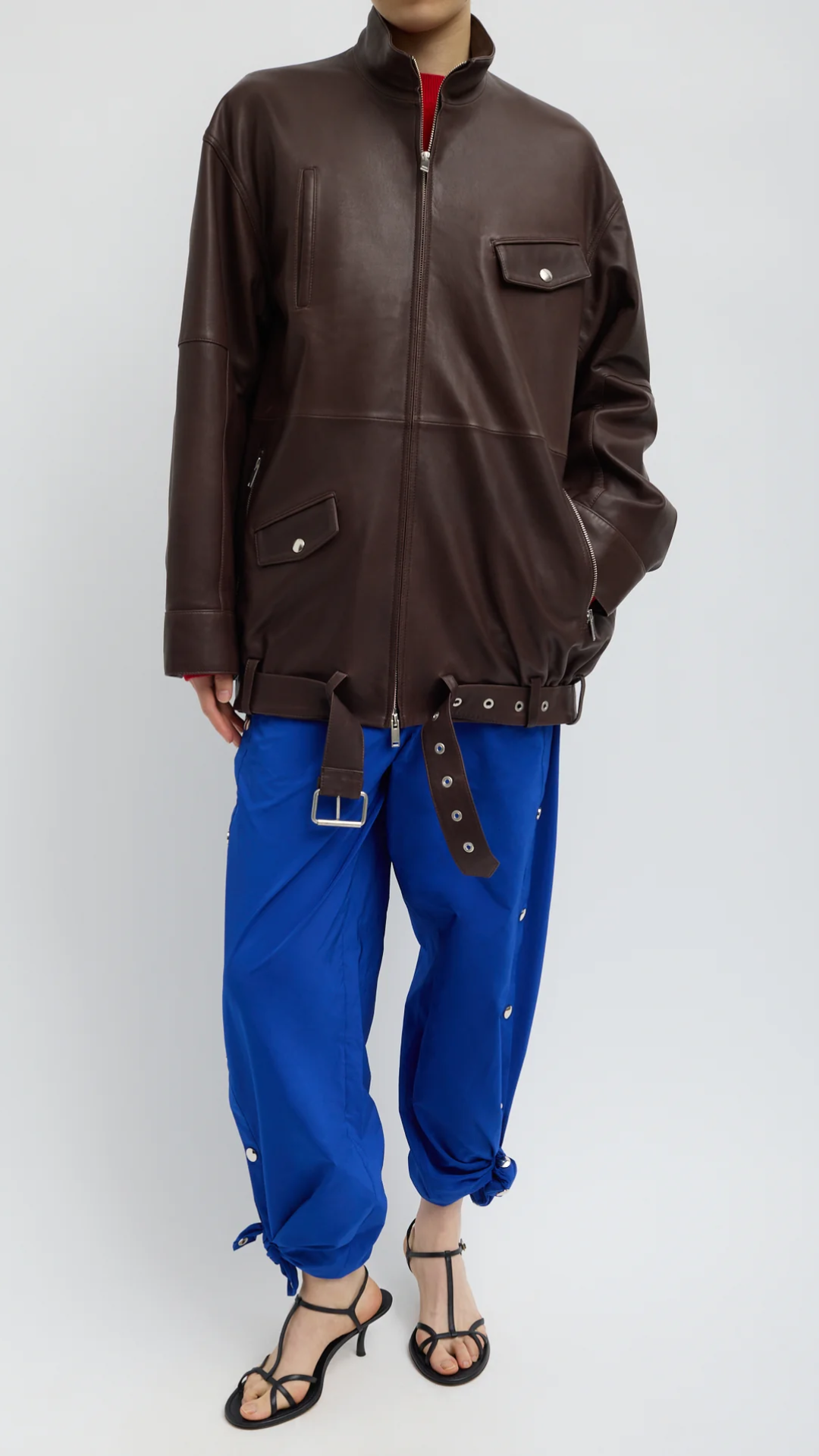 Tibi Leather Moto Bomber in Brown