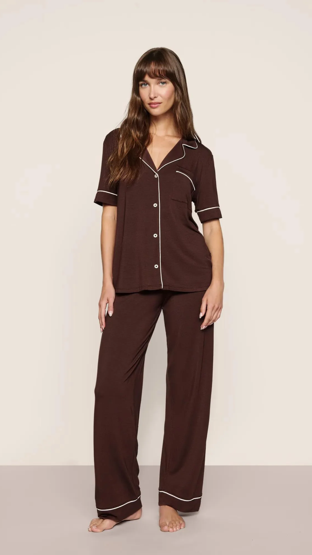Eberjey Gisele Short Sleeve Pant PJ Set in Chocolate/Ivory