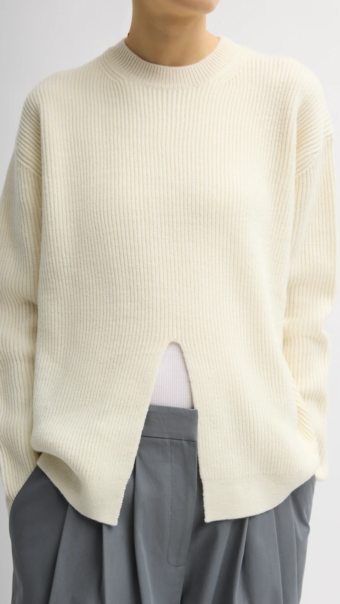 Tibi Cardigan Stitch Split Front Crewneck in Ivory