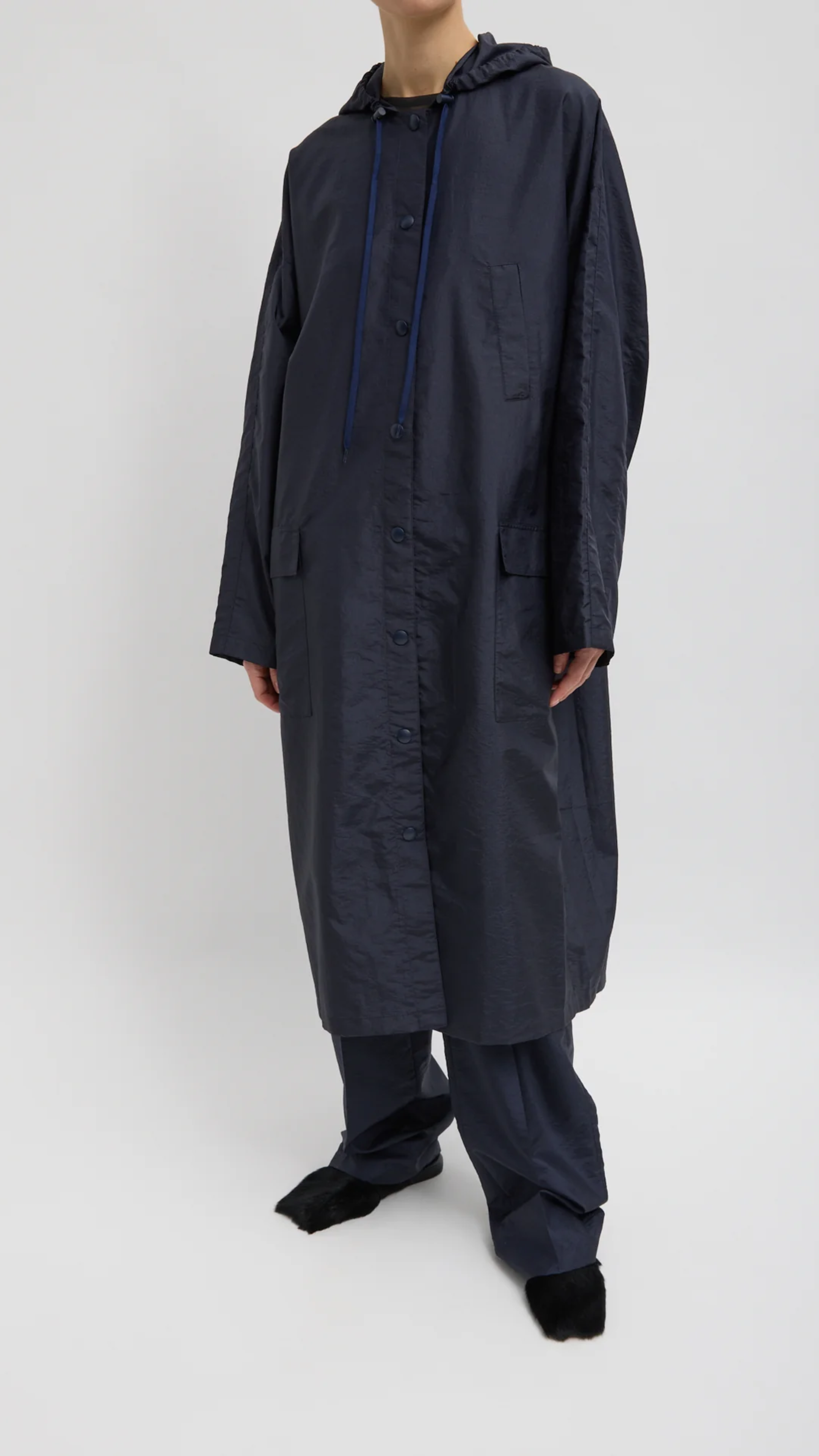 Tibi Crispy Nylon Hooded Coat in Navy