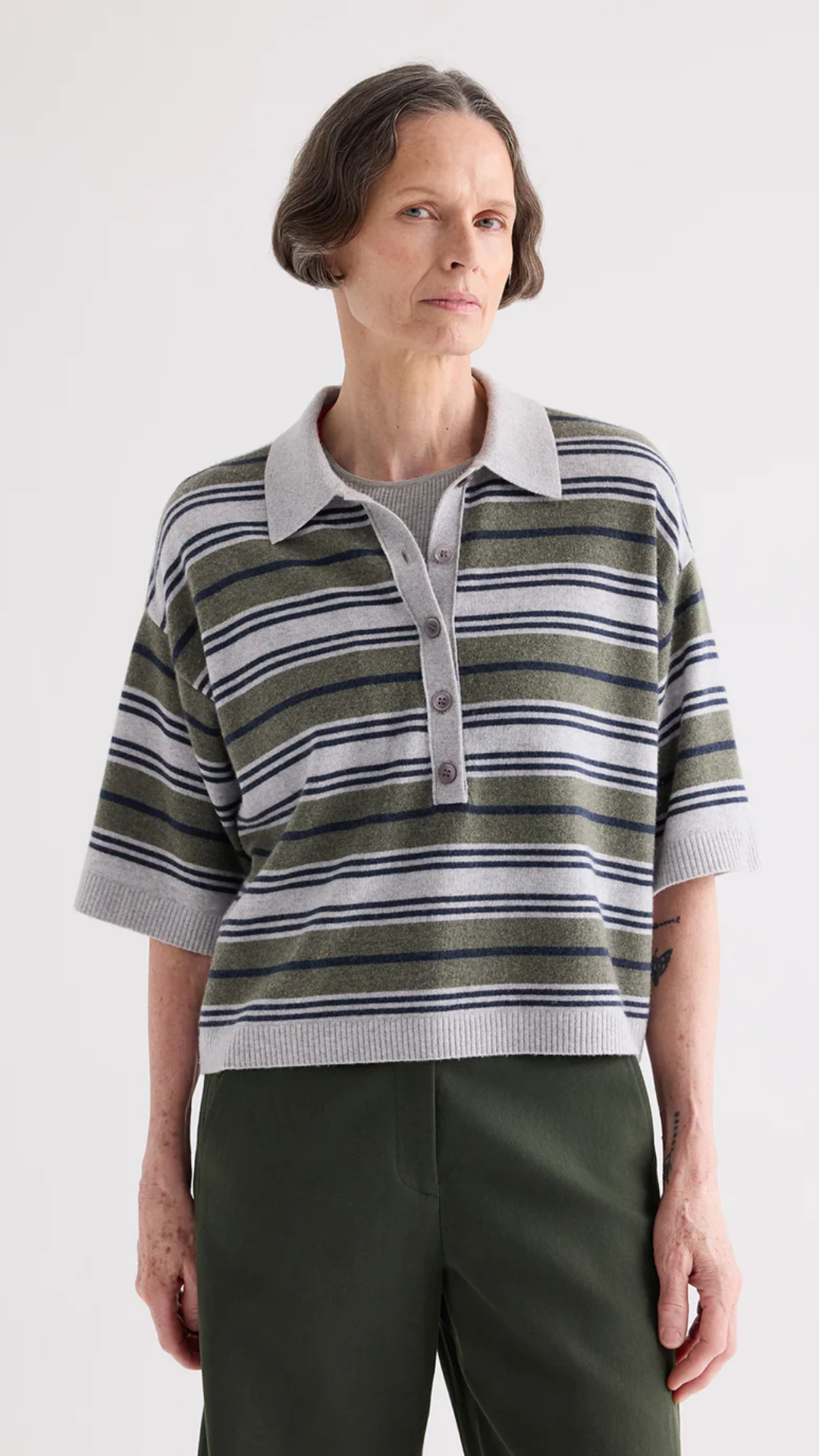 TWP Short Sleeve Polo Sweater with Stripes in Moss
