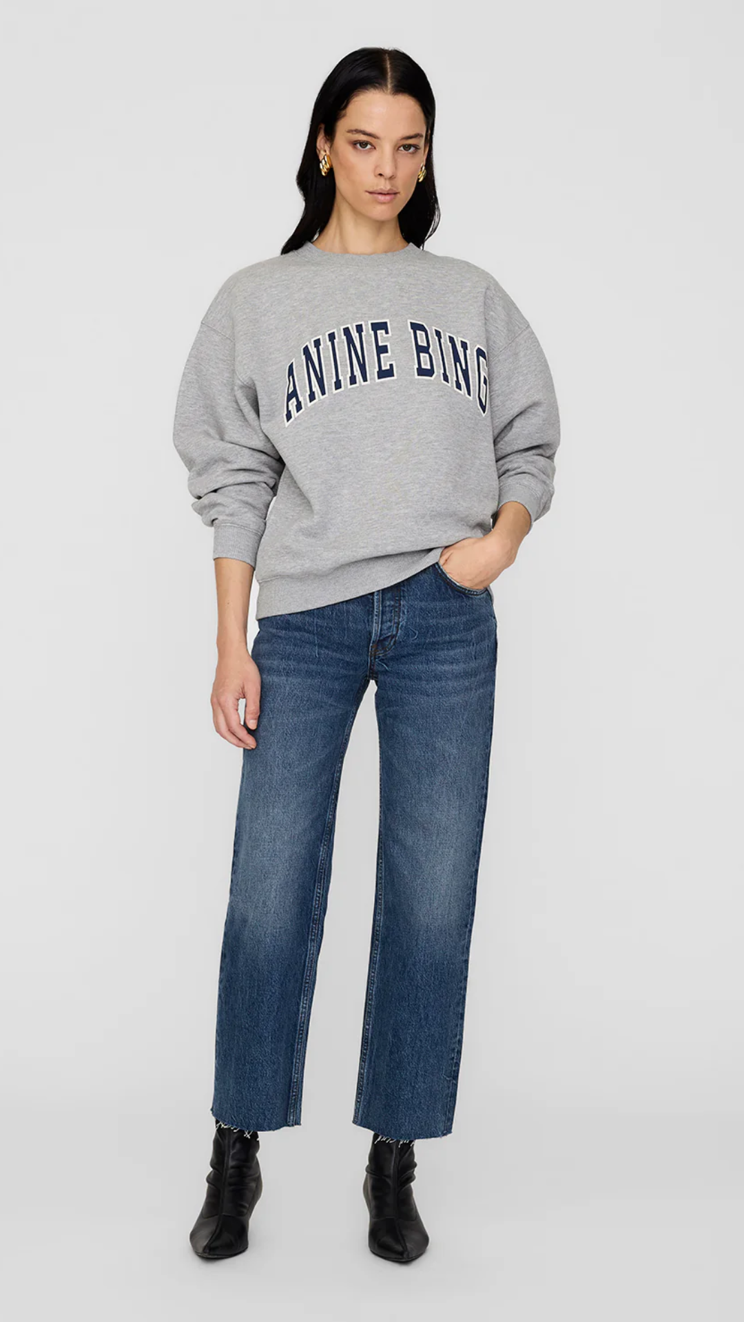 Anine Bing Spencer Sweatshirt in Heather Grey with Navy