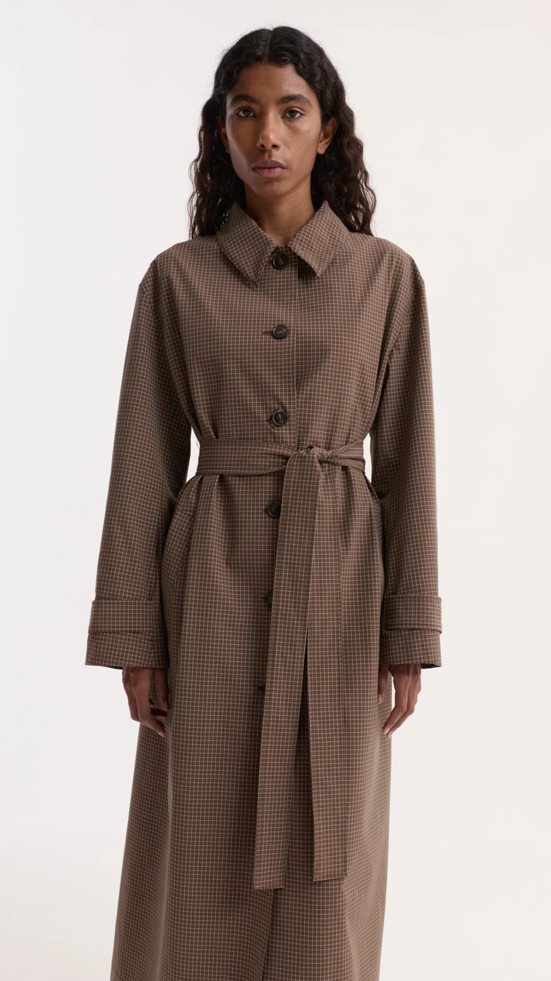 Róhe Technical Check Belted Coat in Brown Check