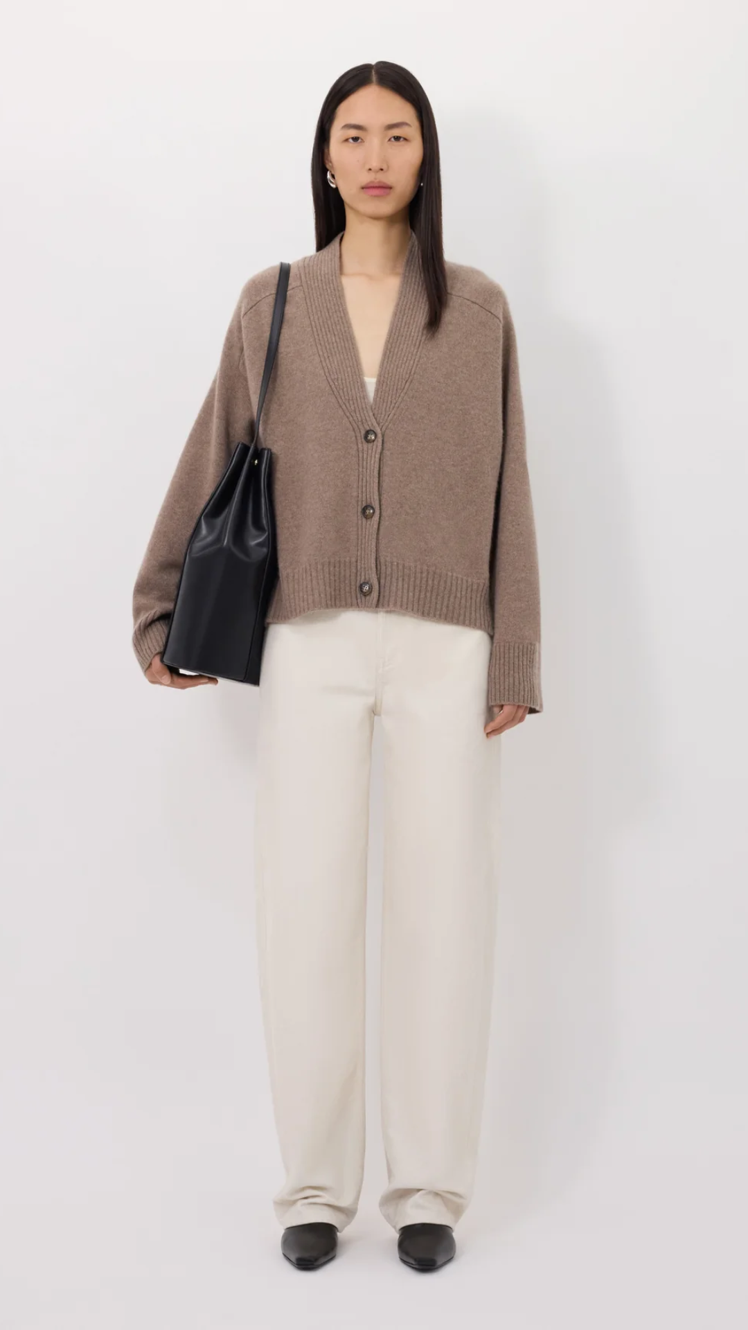 Loulou de Saison Kaia LDS V Neck Cardigan in Taupe Melange