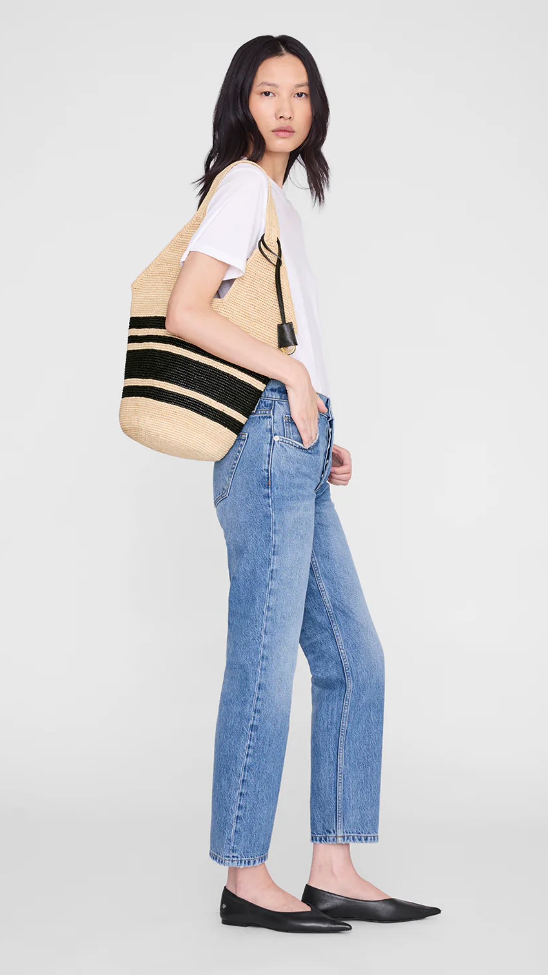 Anine Bing Leah Stripes Hobo Raphia in Black and Natural Stripe