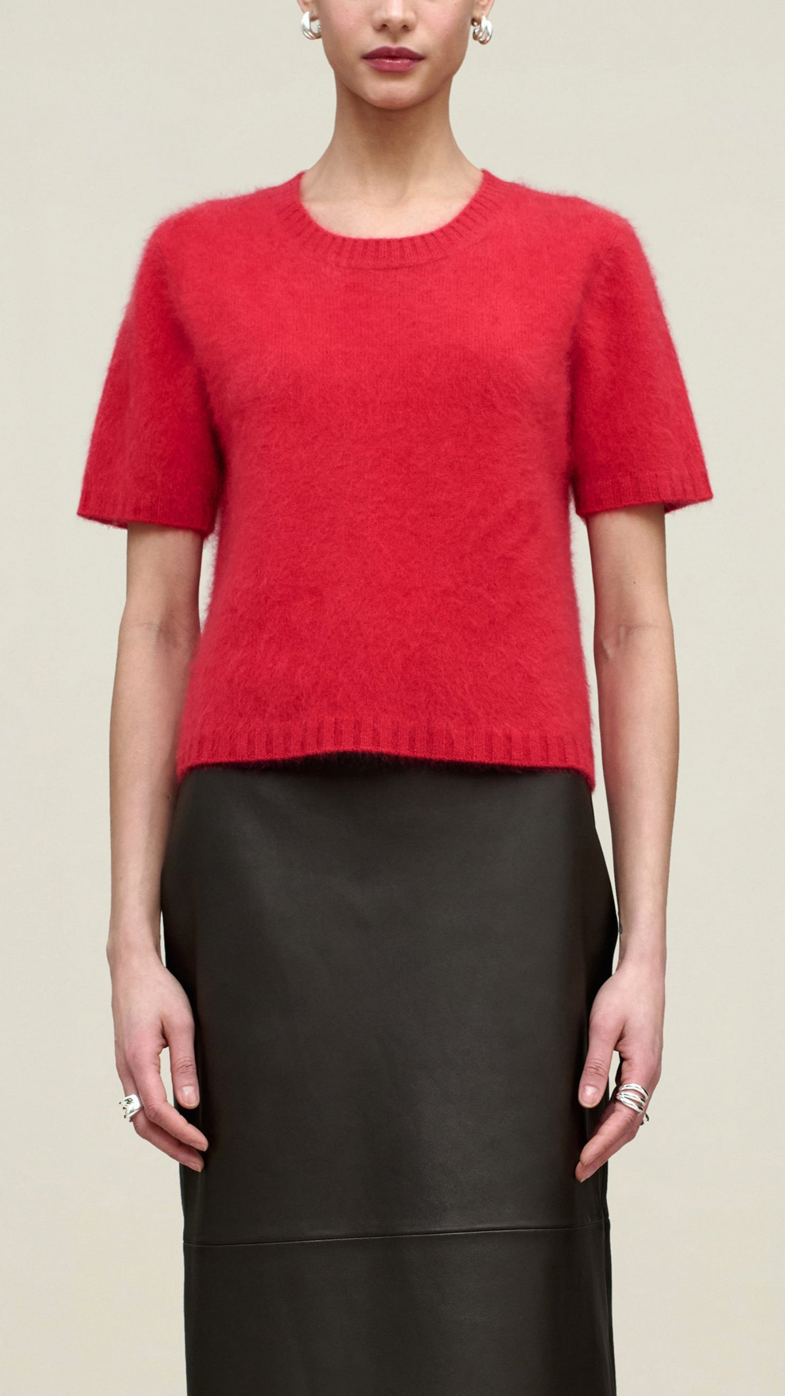 Kallmeyer Veda Short Sleeve Brushed Cashmere Crewneck in Vermilli