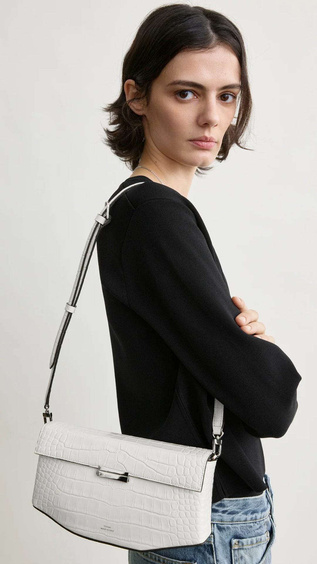 Toteme Clip Croco Embossed Shoulder Bag in Off White