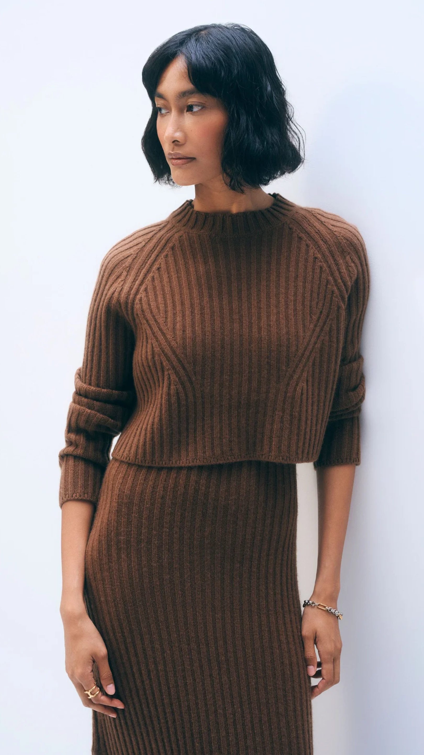 White + Warren Cashmere Blend Cropped Ribbed Crewneck in Umber