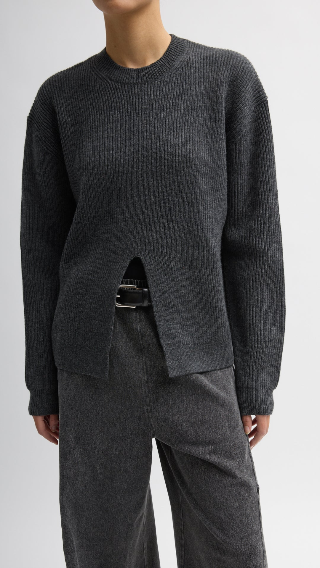 Tibi Cardigan Stitch Split Front Crewneck