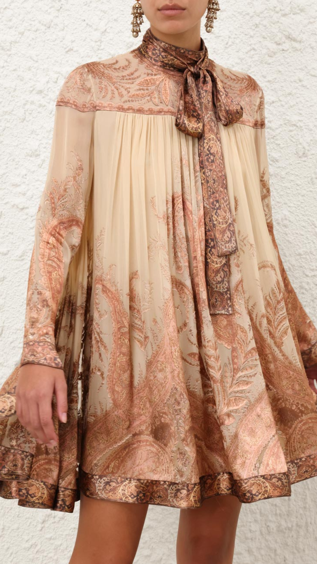Zimmerman Hypnotic Batwing Mini Dress in Cream Paisley