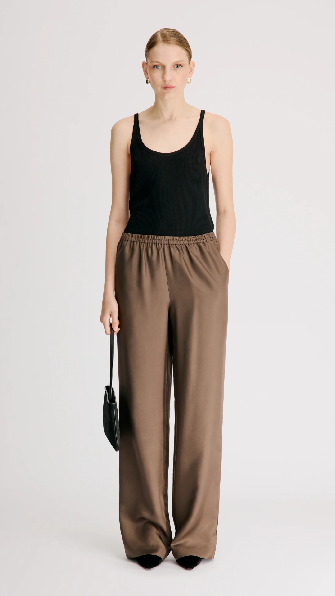 Loulou de Saison Alera Wide Leg Silk Pant in Dark Brown