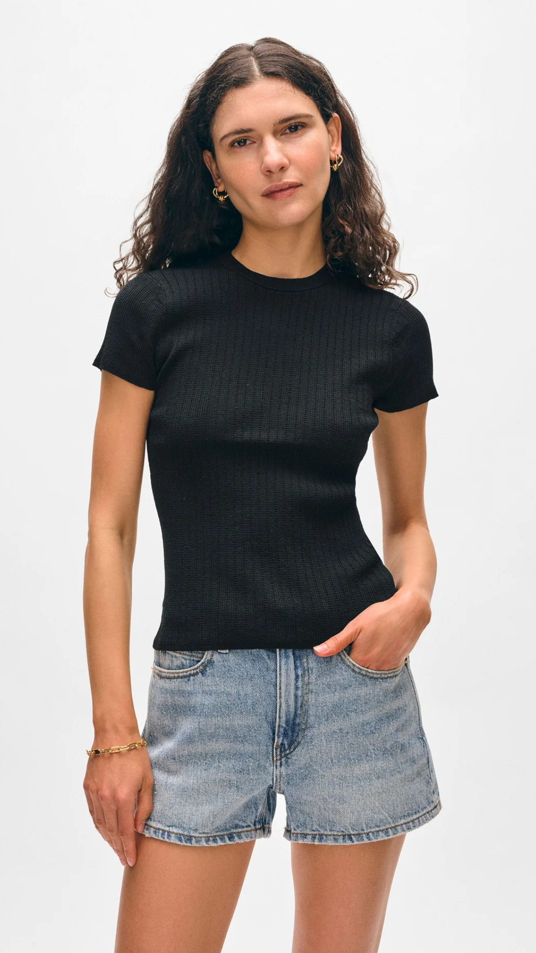 White + Warren Paperfine Pointelle Tee in Black