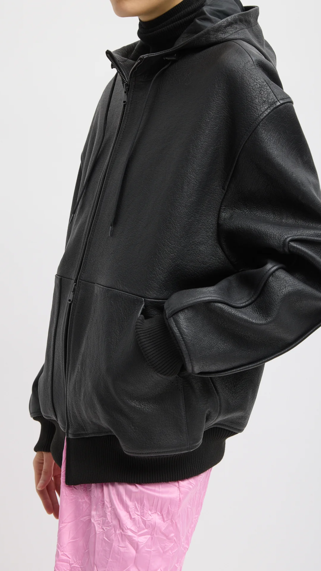 Tibi Pebbled Leather Hoodie Jacket in Black