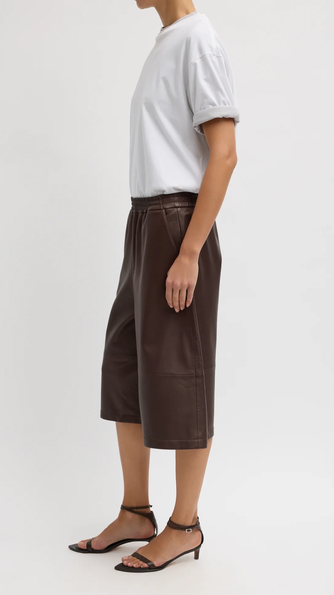 Tibi Leather Relaxed Long Short in Brown