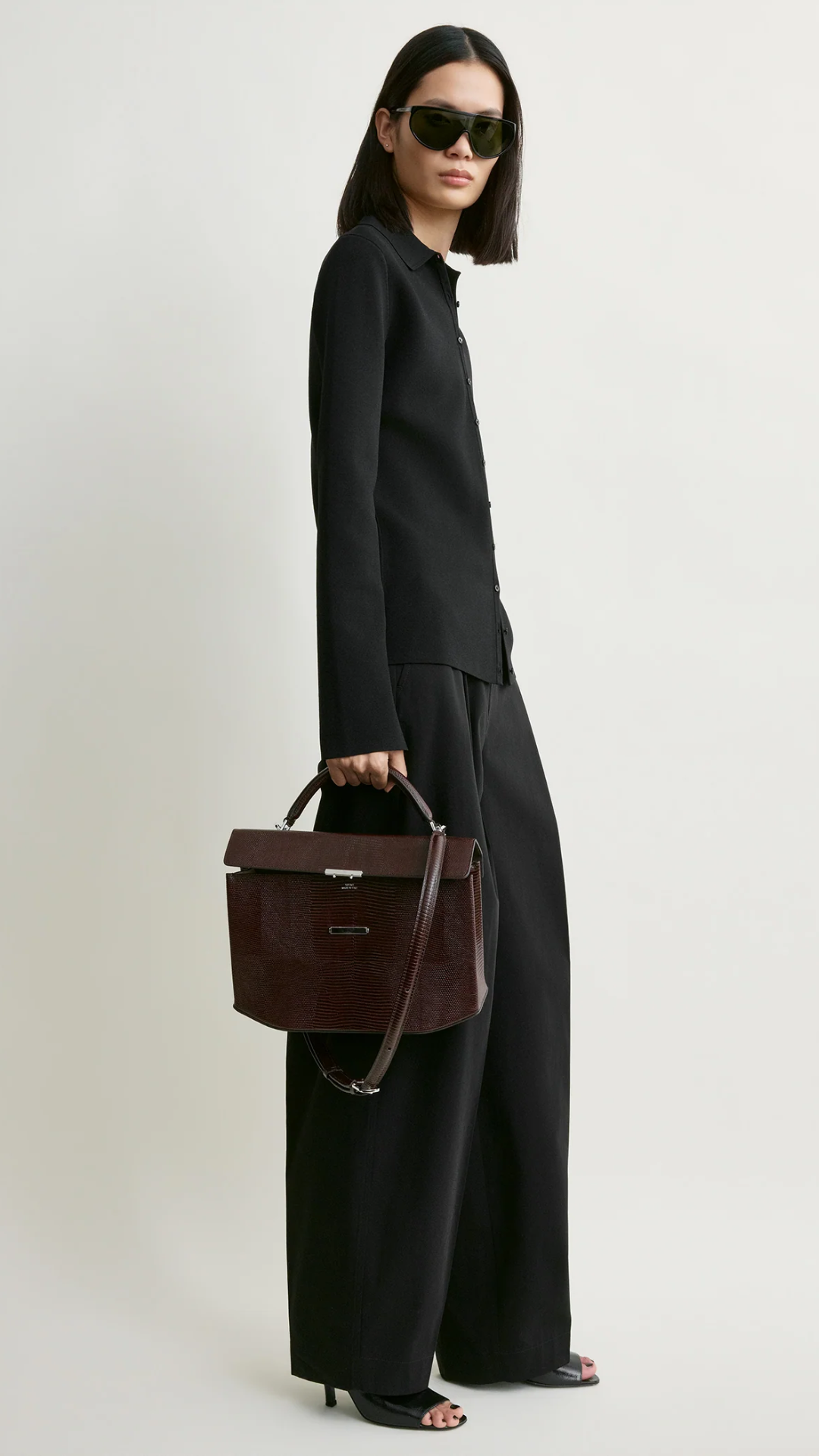 Toteme Clip Lizard Embossed Top Handle Bag in Brown