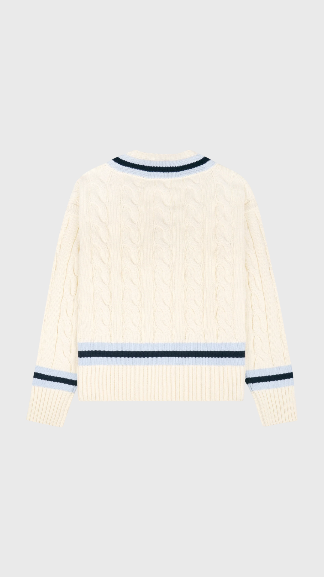 Sporty & Rich SRC Cableknit V-Neck Sweater in Ecru/Navy/Ciel