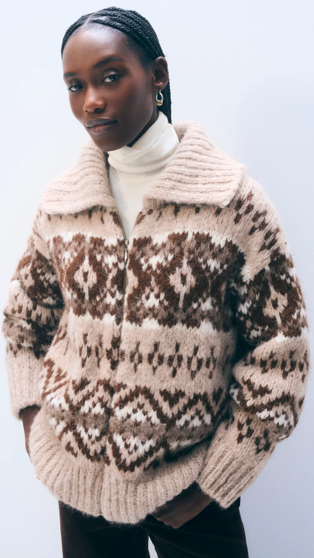 White + Warren Alpaca Fair Isle Bomber in Brown