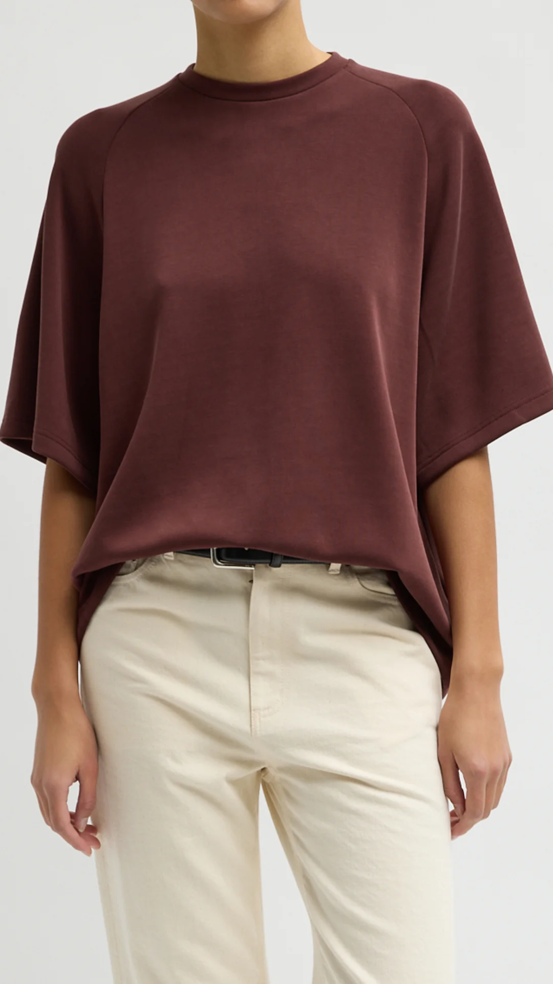 Tibi Feather Weight Viscose Neoprene Baseball T-Shirt in Bordeaux
