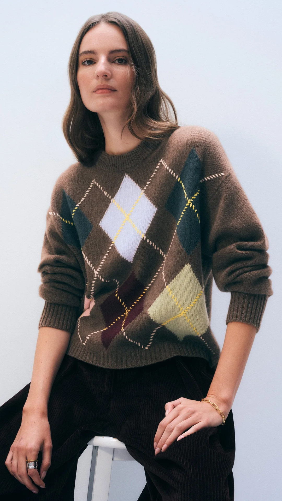 White + Warren Cashmere Argyle Crew Sweater