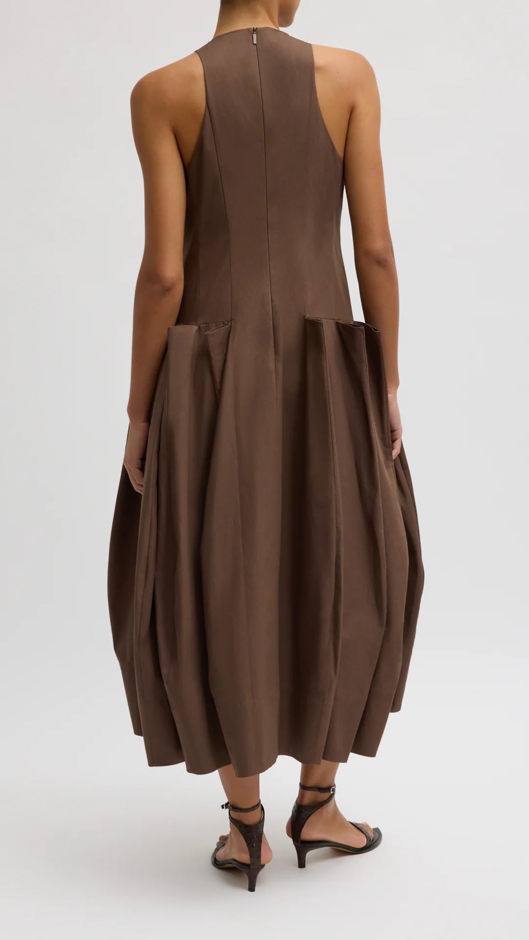 Tibi Compact Eco Poplin Pinched Pleat Dress in Sepia Brown