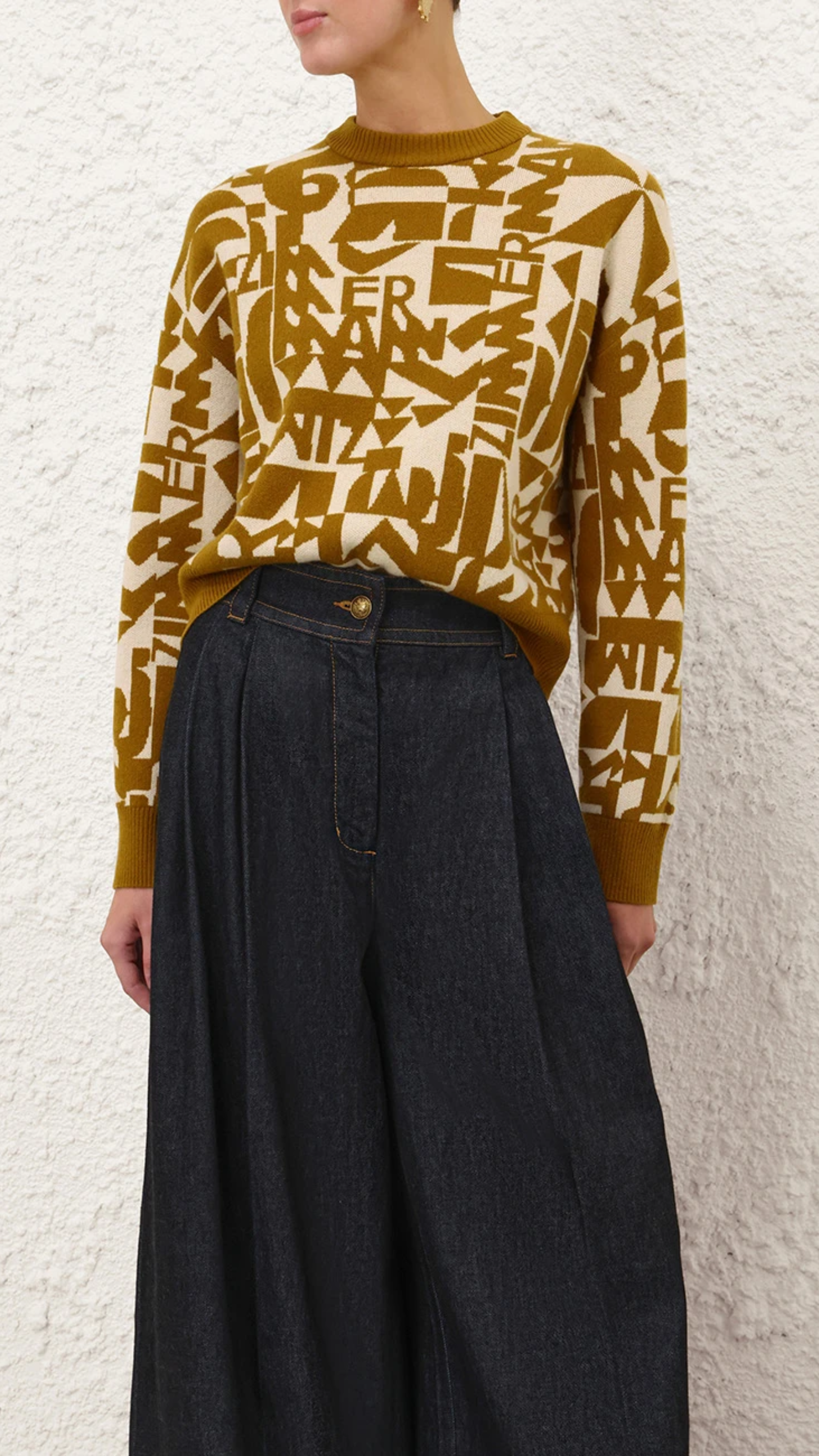 Zimmermann Valiant Jacquard Crop Sweater in Chartreuse Cream