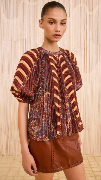 Ulla Johnson Dafne Pleated Short Sleeve Blouse in Topaz