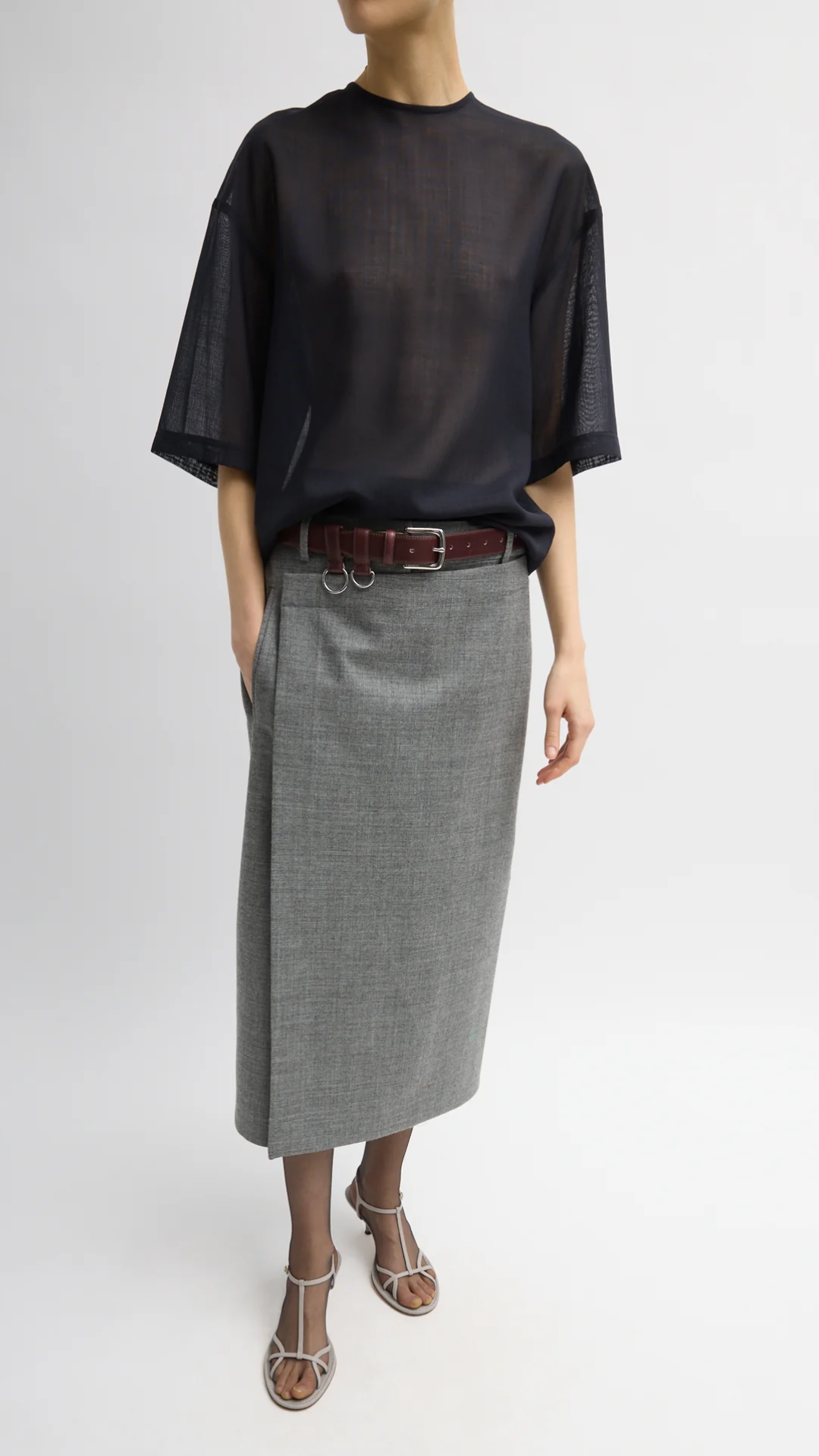 Tibi Techy Bonded Wool Wrap Midi Skirt in Grey