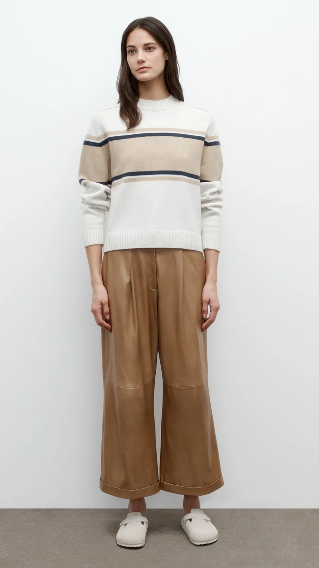 TWP Saddle Crew Neck with Stripes in Cream/Twine