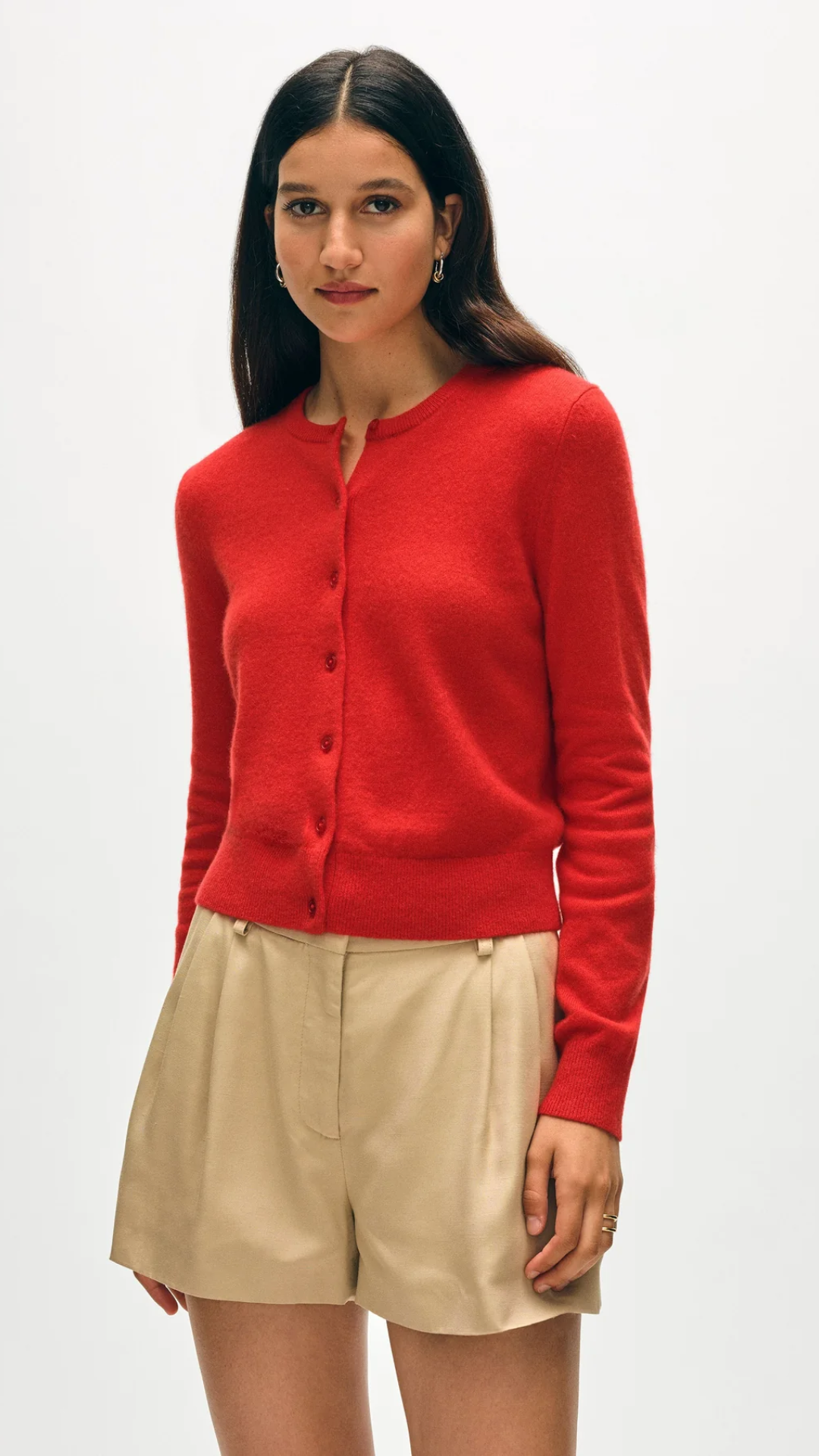 White + Warren Crewneck Cardigan in French Red