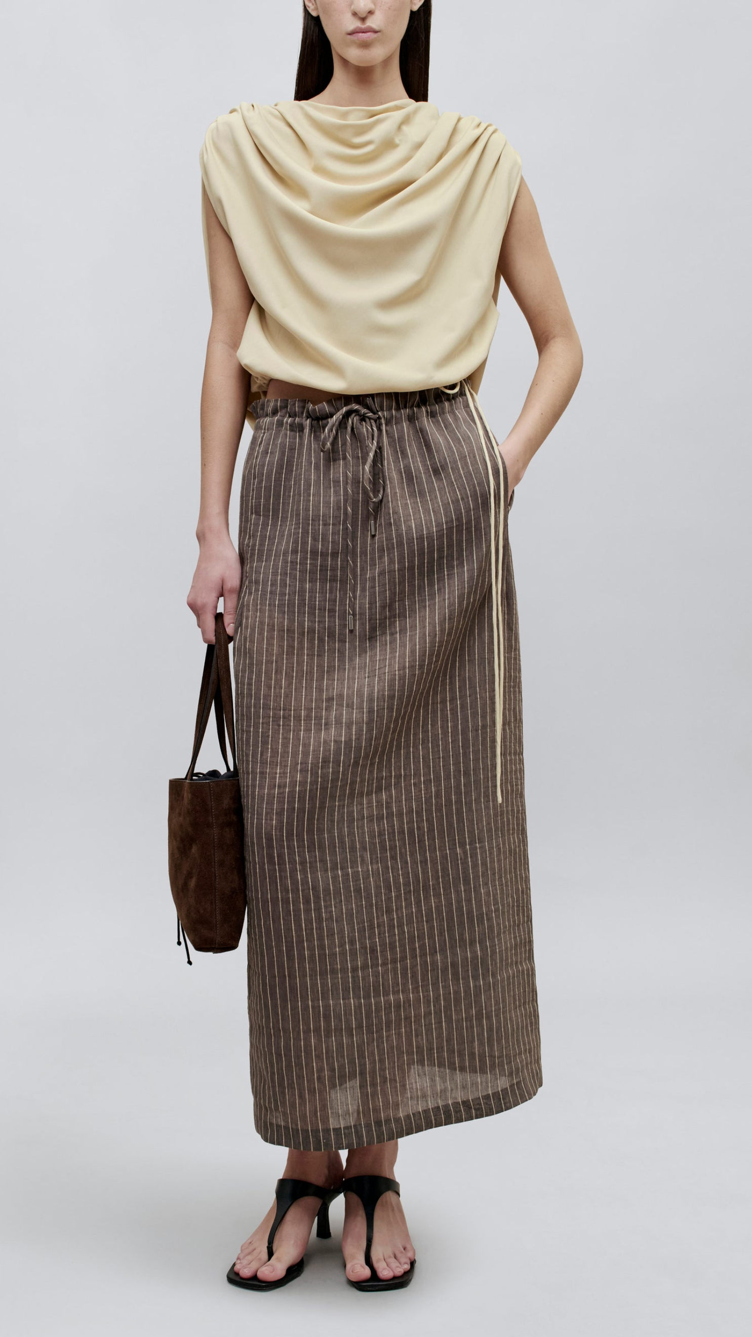 Kallmeyer Regina Drawstring Skirt in Graphite Linen Stripe