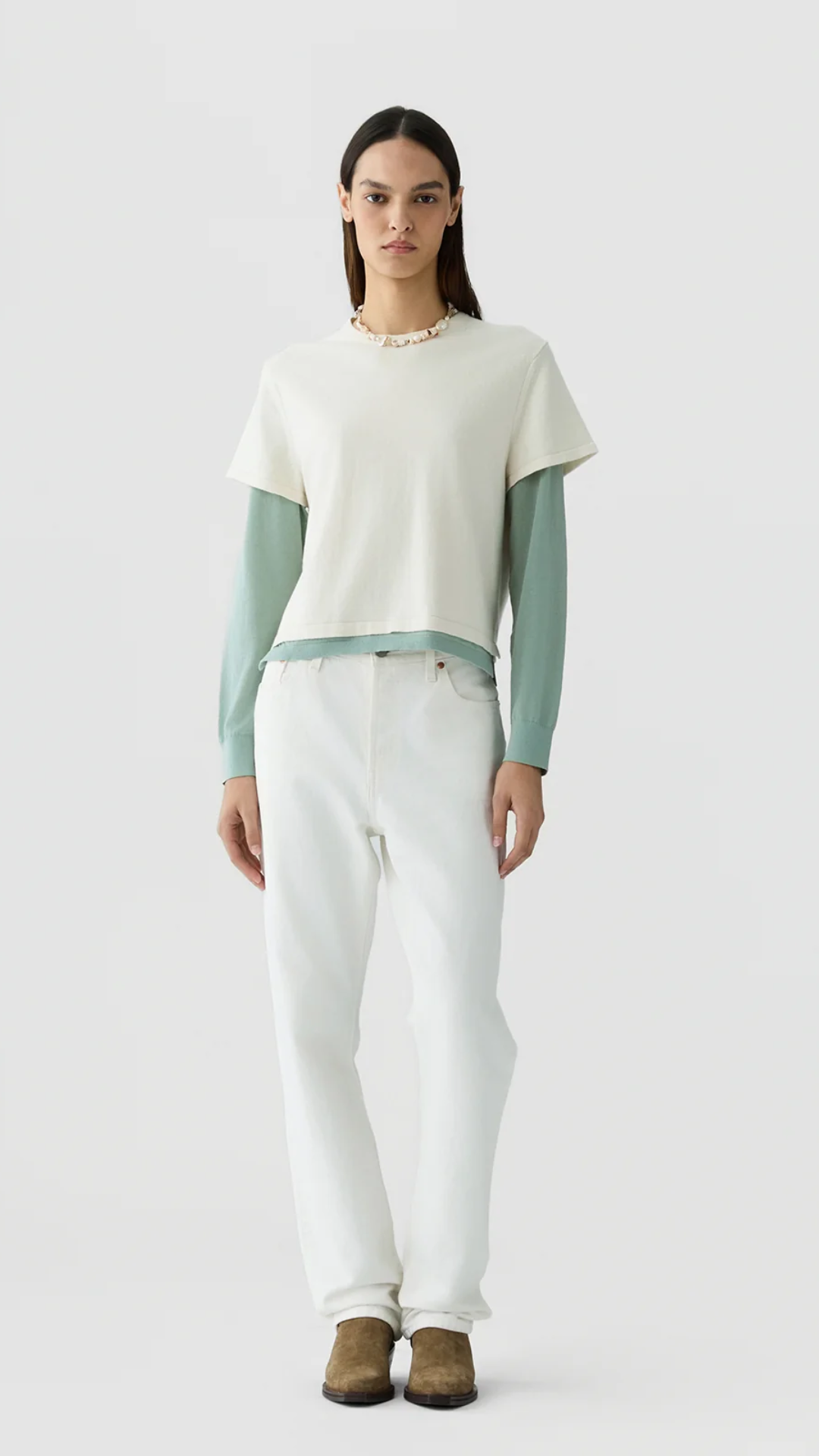 Guest In Residence Layer Tee in Cream/Sage Brush