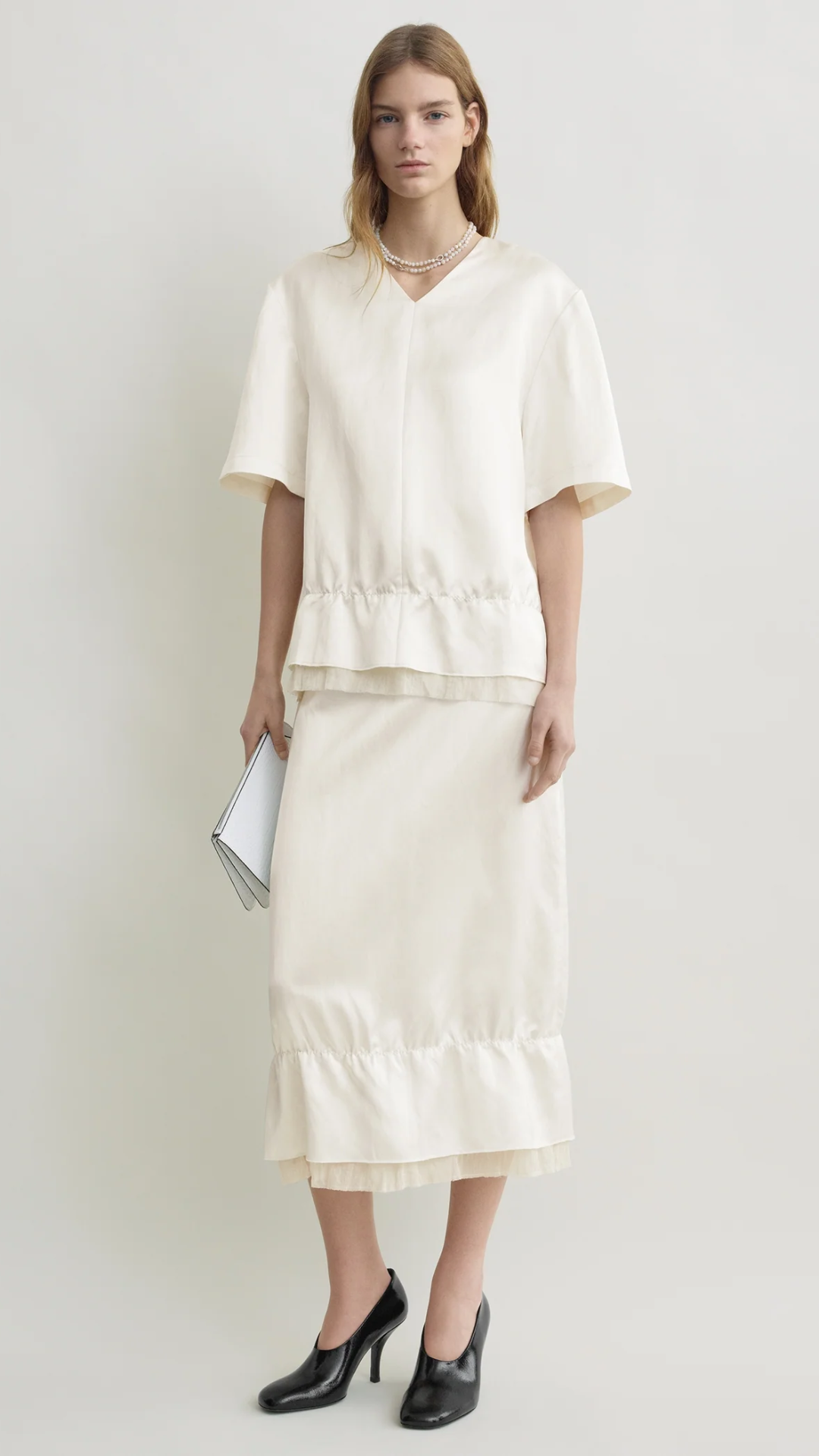 Toteme V-Neck Satin Pullover in White