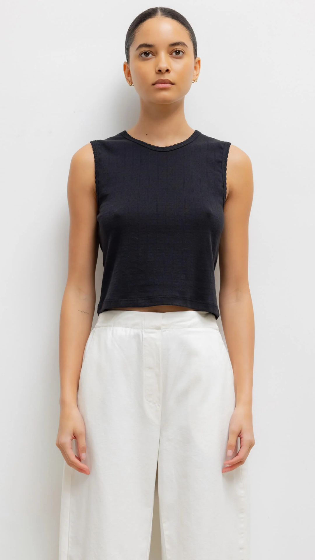 LESET Pointelle Sleeveless Crew in Black