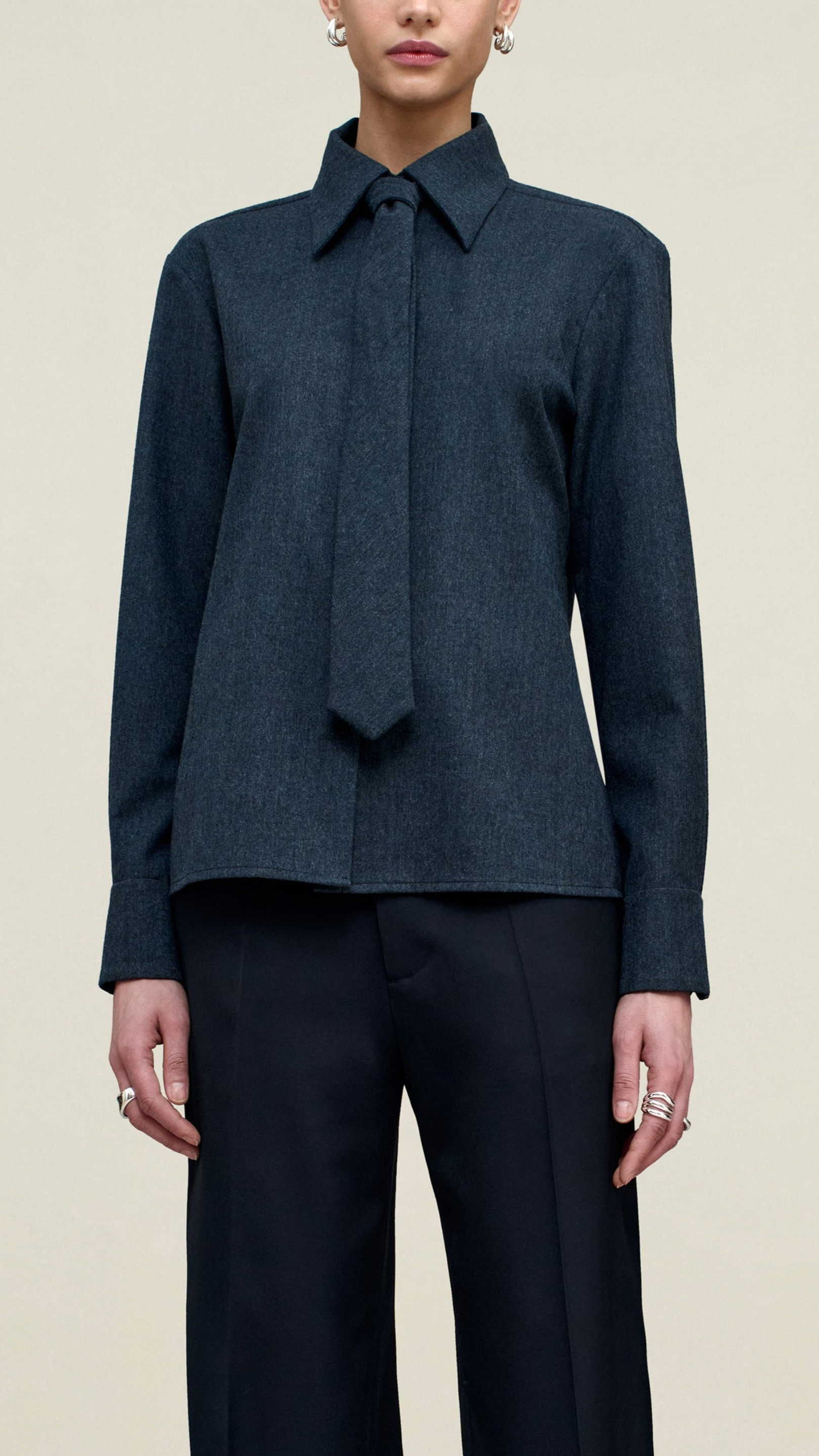 Kallmeyer Billie Flannel Suiting Tie Blouse in Heather Navy