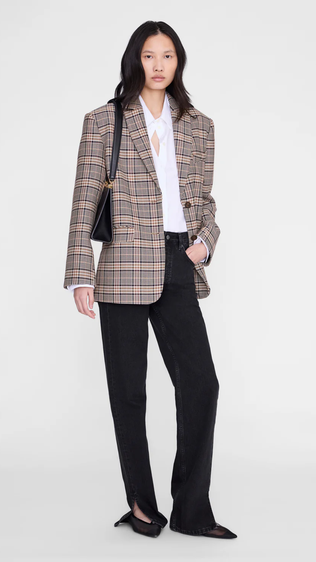 Anine Bing Quinn Blazer in Beige and Navy Checks