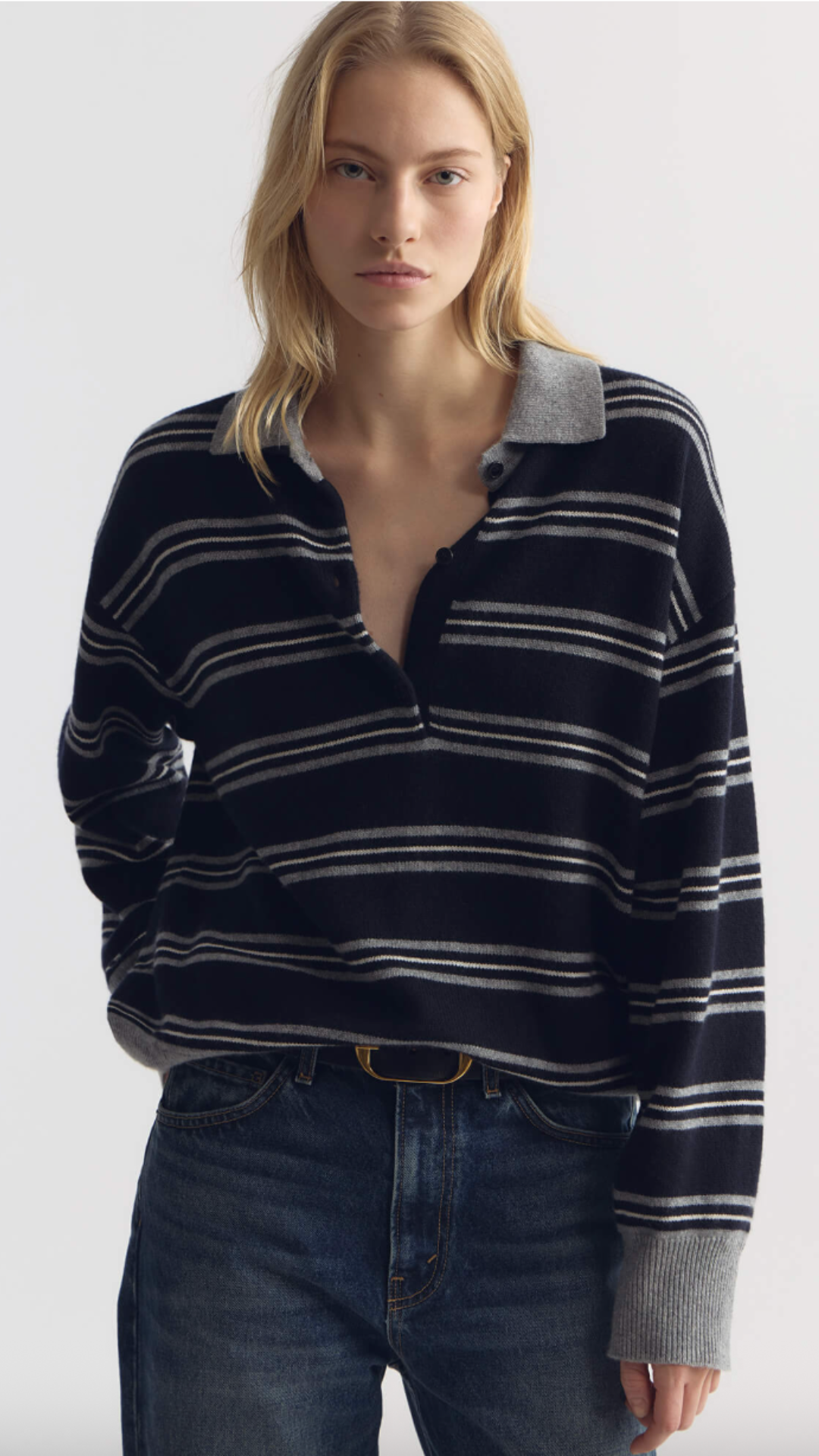 Nili Lotan Galvez Stripe Polo in Dark Navy/Grey Stripe