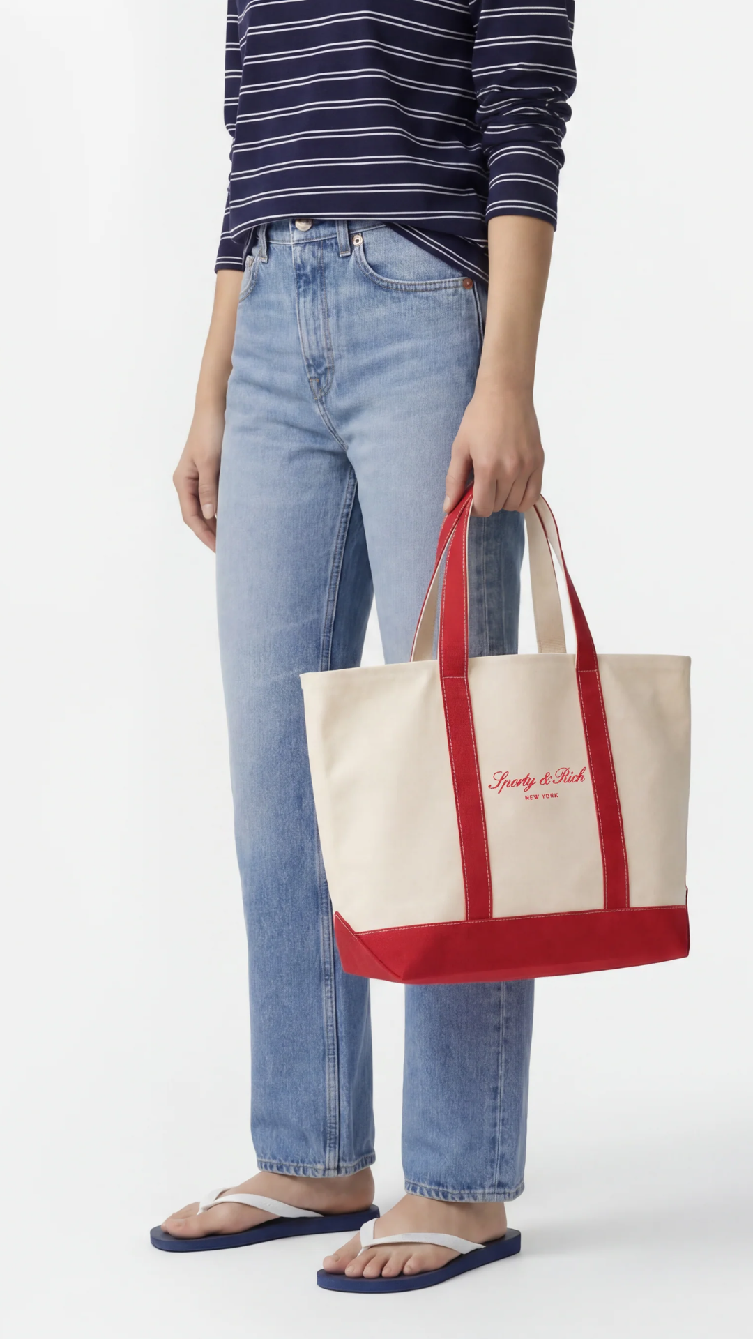 Sporty & Rich Signature NY Logo Medium Tote in Natural/Ruby