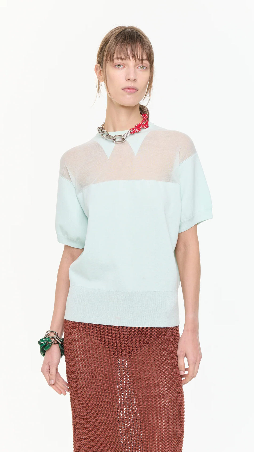 Plan C Short Sleeve Intarsia Knit Crew in Mint