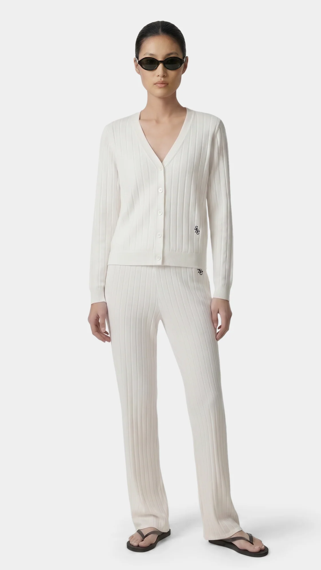 Sporty & Rich SRC Ribbed Cardigan in Ecru/Navy