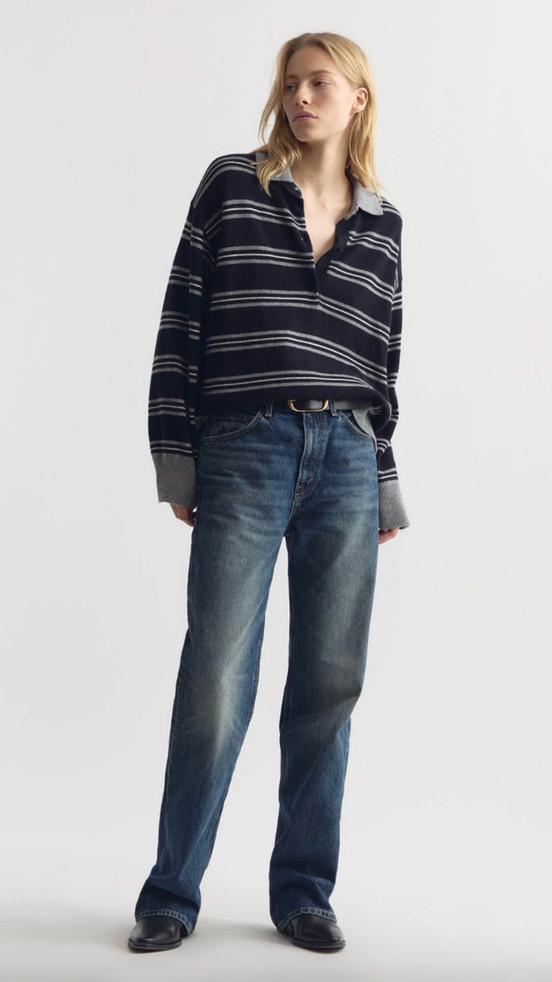 Nili Lotan Galvez Stripe Polo in Dark Navy/Grey Stripe