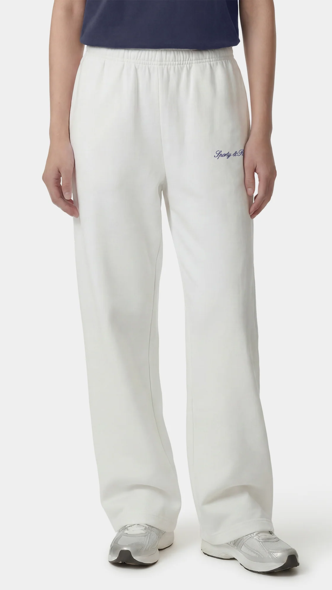 Sporty & Rich Signature Logo Embroidered Wide Sweatpant in White/Navy