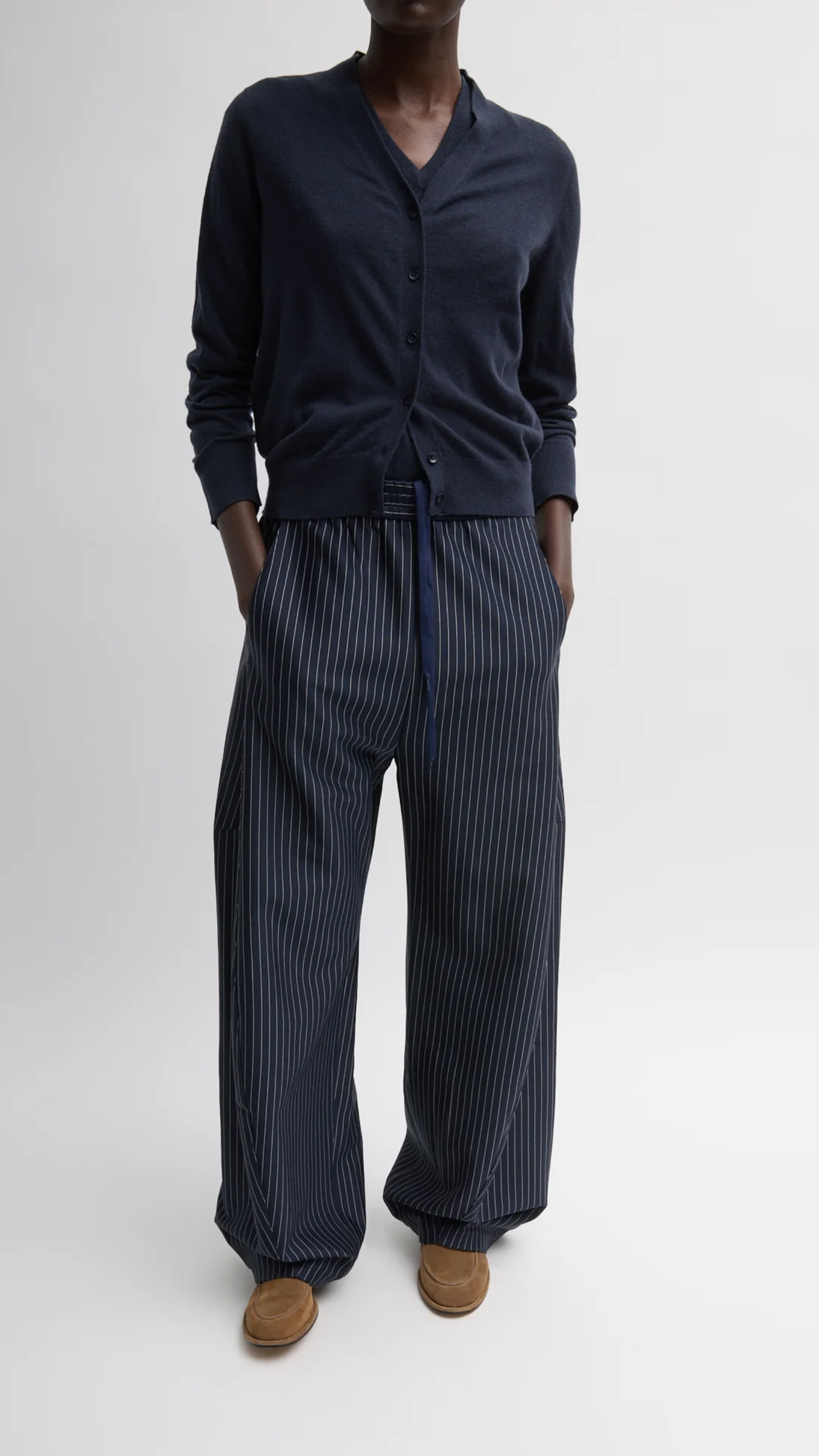 Tibi Pinstripe Active Knit Winslow Pant in Navy Multi