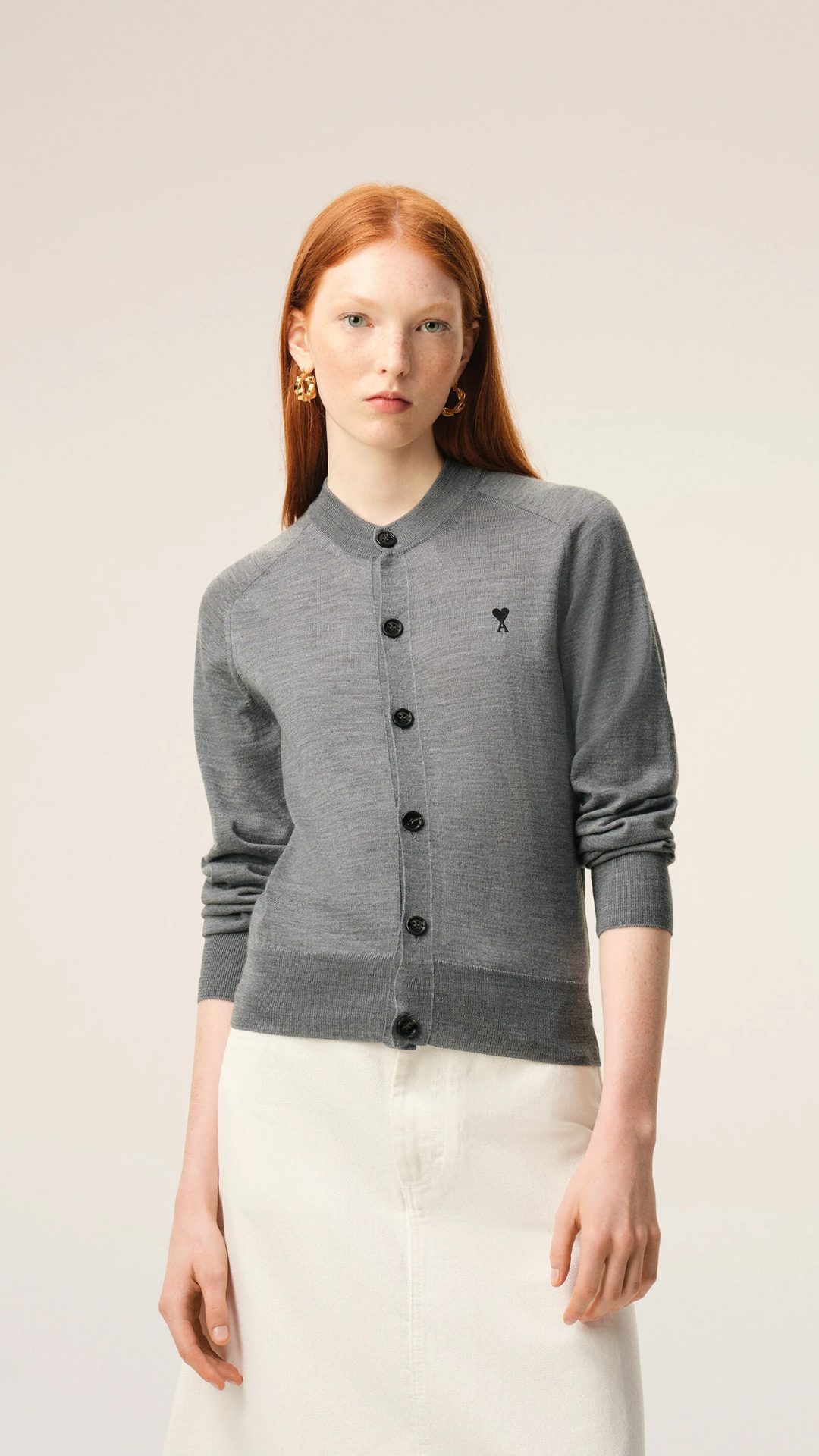 Ami Wool Contrast Ami De Coeur Cardi in Grey/Black