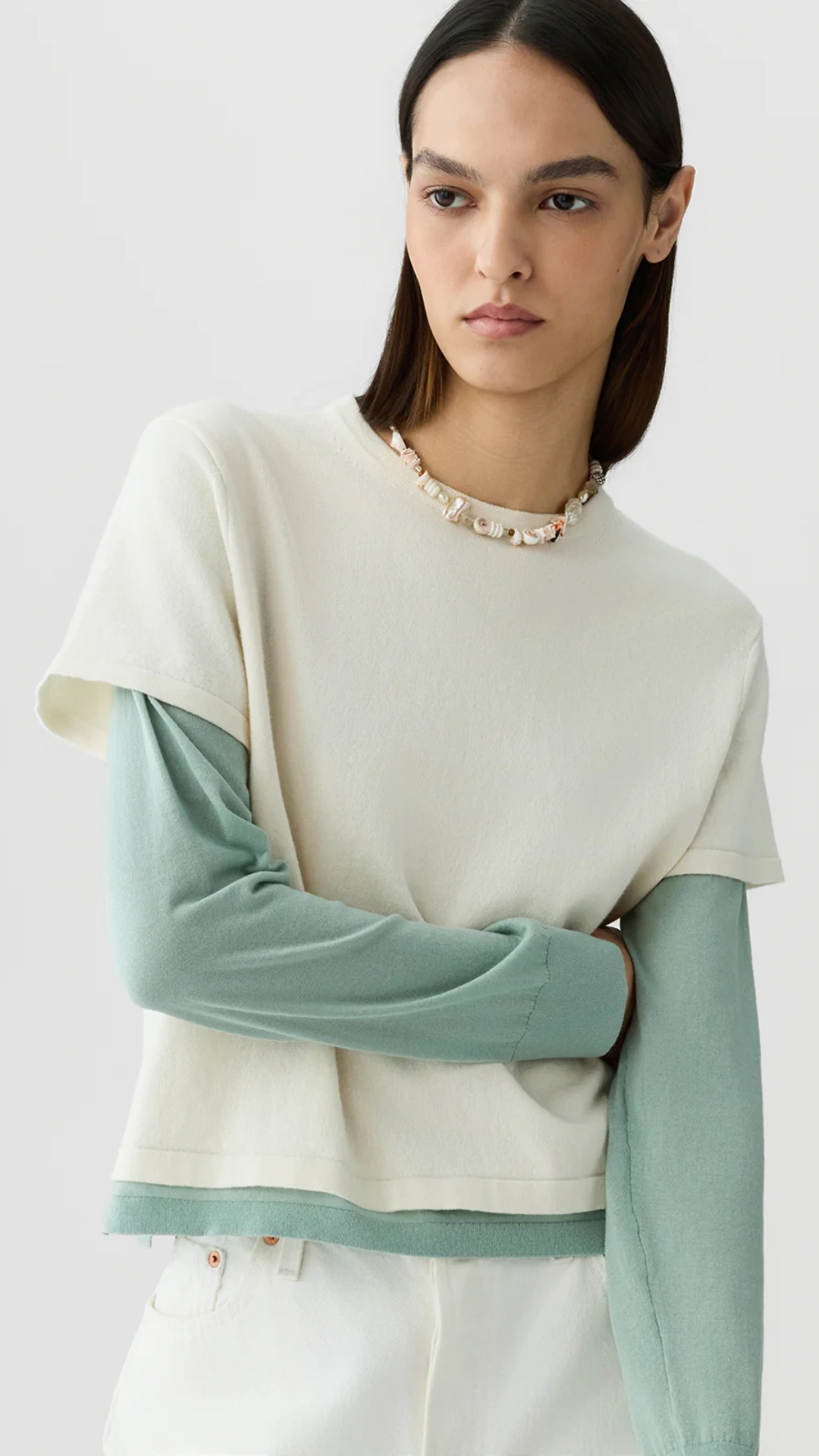 Guest In Residence Layer Tee in Cream/Sage Brush