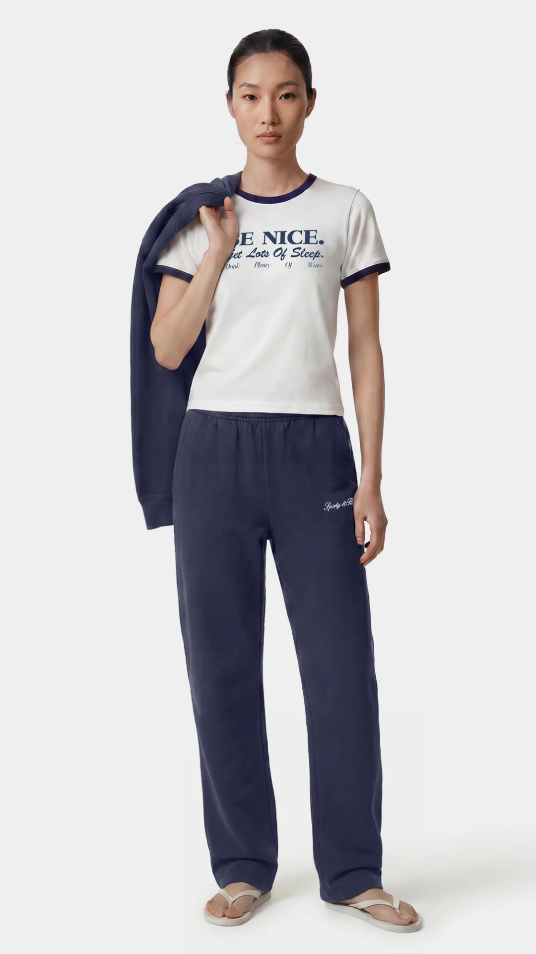 Sporty & Rich Signature Logo Embroidered Wide Sweatpant in Light Navy/White