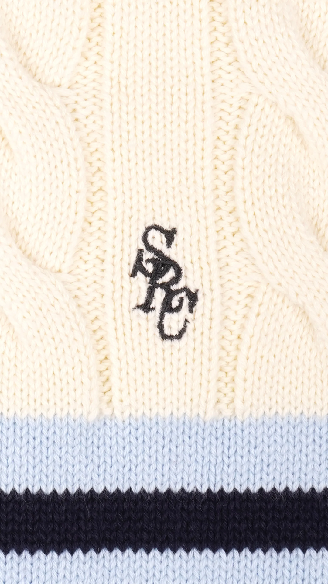 Sporty & Rich SRC Cableknit V-Neck Sweater in Ecru/Navy/Ciel